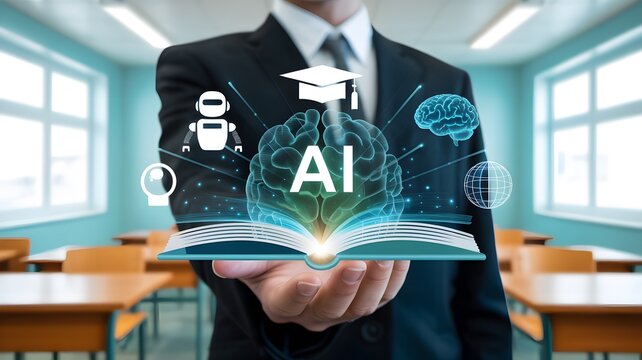 A mentor presents artificial intelligence, showcasing learning, knowledge, and educational technology in a classroom setting for future generations.
