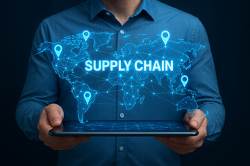 Man holding tablet displaying a world map with supply chain text and location markers in blue hue