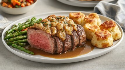 Roast beef with Yorkshire pudding, gravy, and veg on a white plate.