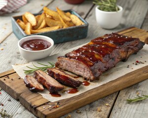 Glazed pork ribs with barbecue sauce and potato wedges image