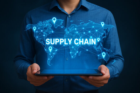 Person holding tablet displaying a glowing world map with supply chain connections overlayed on it