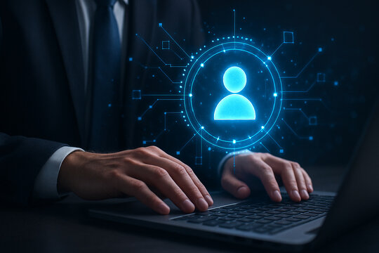 Man typing on laptop with digital avatar and network connections overlayed in a dark setting - Powered by Adobe