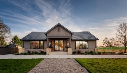 Fototapeta premium modern farmhouse architecture a modern farmhouse with a sleek and symmetrical exterior design tall windows and a welcoming feel exuding chic and stylish vibes