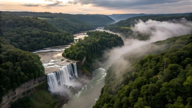 An aerial view of a stunning waterfall cascading down a lush green valley, with mist rising from the river below