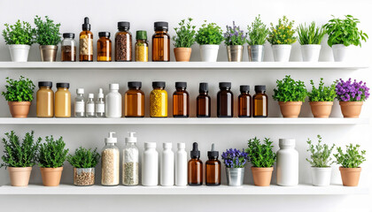Herb and Spice Collection Displayed on Wooden Shelves