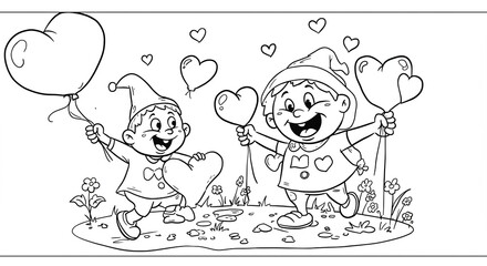 Joyful children playfully share heart balloons simple line art. AI Generated