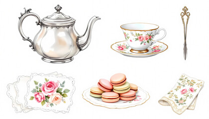 Elegant afternoon tea set with floral design and colorful macarons for garden party.
