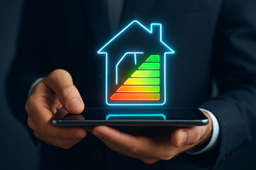 Man holding phone displaying an energy efficiency rating of a house in a neon graphic display