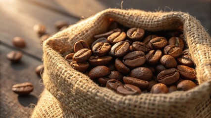 Fototapeta premium Roasted coffee beans spilling from burlap sack image