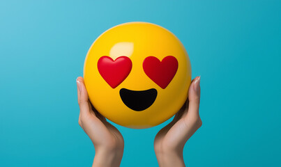 Hands holding a heart eye emoji toy, concept for happtness and affection