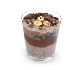Delicious chocolate pudding with chia seeds, nuts and berries in glass isolated on white