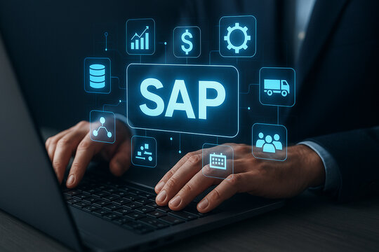 Person typing on laptop with sap logo and business icons floating above the keyboard in blue light