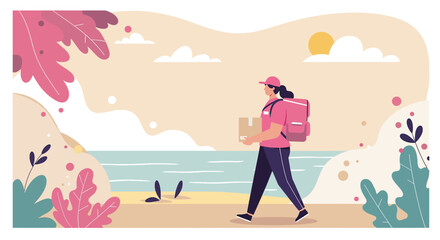 A female delivery worker walks along a serene beach carrying a package, symbolizing modern e-commerce and remote service.