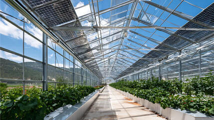 Greenhouse With Glass Roof And Solar Panels, Crops Growing Inside, And Irrigation Systems Visible, Showing The Integration Of Distributed Energy With Modern Agriculture.