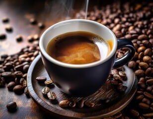 freshly brewed espresso poured into a dark ceramic cup surrounded by roasted coffee beans creating a moody and aromatic ambiance