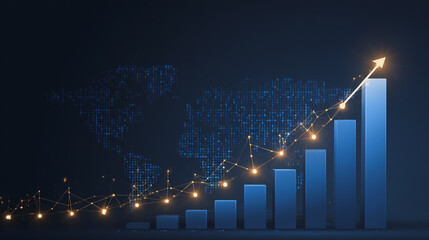 finance Abstract black background  uptrend arrow with candlesticks and bar chart show innovation of economy business statistics with Earth network with glowing nodes and triangle polygon linesIt 