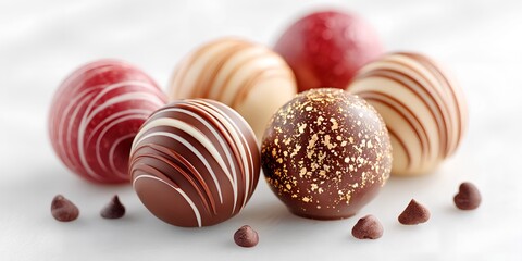 Row of chocolate truffles with different colors and designs
