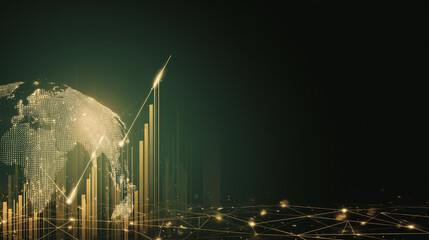 finance Abstract black background  uptrend arrow with candlesticks and bar chart show innovation of economy business statistics with Earth network with glowing nodes and triangle polygon linesIt 