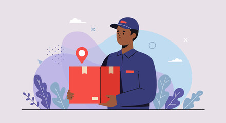 a delivery person holding a red package with a location pin on it, surrounded by stylized plants and clouds. Suitable for landing page, banner, marketing, web design, presentation, infographic, etc.