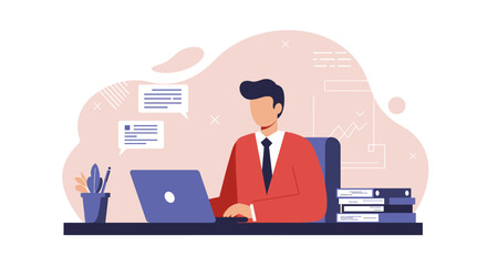 a man in a red jacket sitting at a desk, working on a laptop with multiple chat bubbles floating around him. Suitable for landing page, banner, marketing, web design, presentation, infographic, etc.