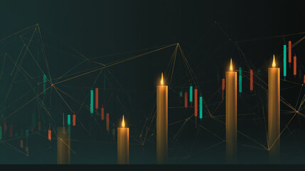 finance Abstract black background  uptrend arrow with candlesticks and bar chart show innovation of economy business statistics with Earth network with glowing nodes and triangle polygon linesIt 