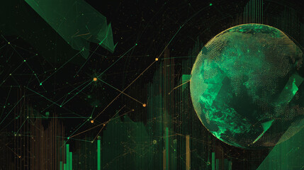 finance Abstract black background  uptrend arrow with candlesticks and bar chart show innovation of economy business statistics with Earth network with glowing nodes and triangle polygon linesIt 