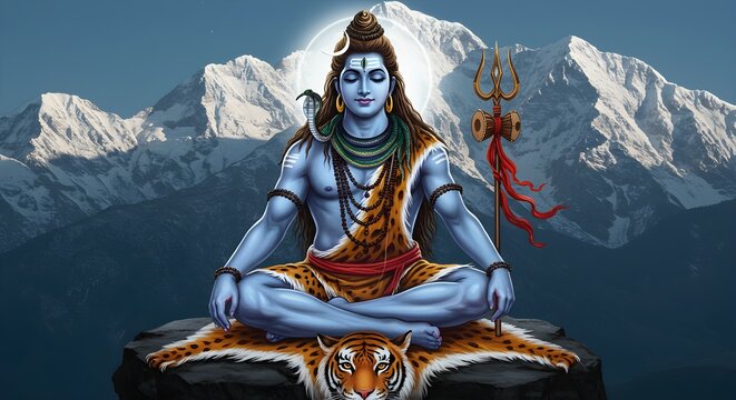 Lord Shiva Meditating in Himalayas with Trishul and Damru, Hindu Deity Mahadev Sitting on Tiger Skin in Mount Kailash, Spiritual Yoga and Meditation Background Illustration