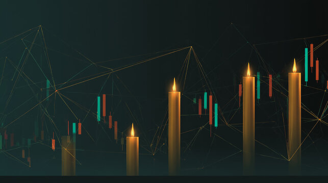 finance Abstract black background  uptrend arrow with candlesticks and bar chart show innovation of economy business statistics with Earth network with glowing nodes and triangle polygon linesIt 