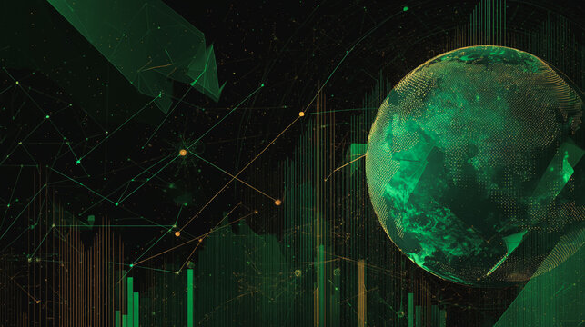 finance Abstract black background  uptrend arrow with candlesticks and bar chart show innovation of economy business statistics with Earth network with glowing nodes and triangle polygon linesIt 