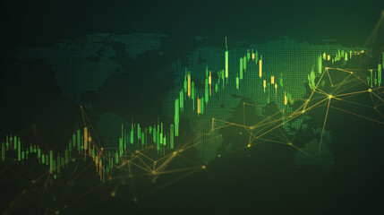 finance Abstract black background  uptrend arrow with candlesticks and bar chart show innovation of economy business statistics with Earth network with glowing nodes and triangle polygon linesIt 