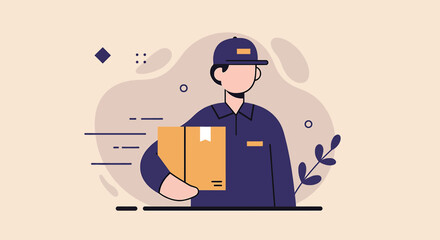 A modern flat illustration depicts a uniformed delivery person holding a cardboard package, symbolizing fast and efficient shipping services.