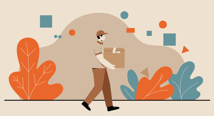 a delivery person carrying a package, walking amidst stylized plants and geometric shapes. Suitable for landing page, banner, marketing, web design, presentation, infographic, etc.
