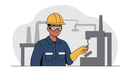 A skilled factory worker, wearing safety gear, examines a component with a focused expression, surrounded by industrial machinery in a manufacturing environment.