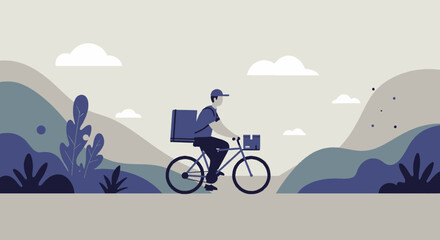 Obraz premium a delivery person on a bicycle, carrying a package, with a mountainous landscape in the background. Suitable for landing page, banner, marketing, web design, presentation, infographic, etc.