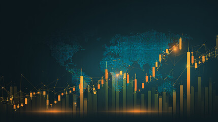 finance Abstract black background  uptrend arrow with candlesticks and bar chart show innovation of economy business statistics with Earth network with glowing nodes and triangle polygon linesIt 