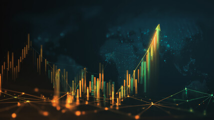 finance Abstract black background  uptrend arrow with candlesticks and bar chart show innovation of economy business statistics with Earth network with glowing nodes and triangle polygon linesIt 
