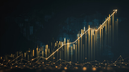 finance Abstract black background  uptrend arrow with candlesticks and bar chart show innovation of economy business statistics with Earth network with glowing nodes and triangle polygon linesIt 