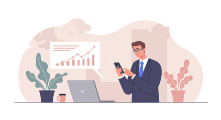 A man in a suit is standing at a desk, looking at his phone, with a laptop and a plant in the background. Suitable for landing page, banner, marketing, web design, presentation, infographic, etc.