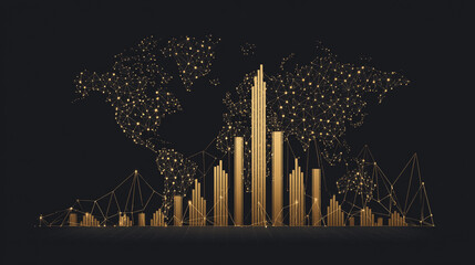 finance Abstract black background  uptrend arrow with candlesticks and bar chart show innovation of economy business statistics with Earth network with glowing nodes and triangle polygon linesIt 