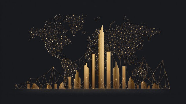 finance Abstract black background  uptrend arrow with candlesticks and bar chart show innovation of economy business statistics with Earth network with glowing nodes and triangle polygon linesIt 