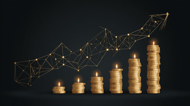 finance Abstract black background  uptrend arrow with candlesticks and bar chart show innovation of economy business statistics with Earth network with glowing nodes and triangle polygon linesIt 