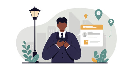 a man in a suit standing in front of a lamp and looking at his phone