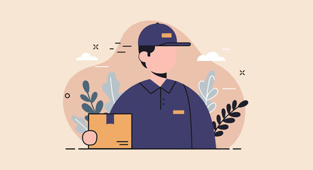 a delivery person in a blue uniform and cap, holding a package, with a backdrop of stylized clouds and leaves. Suitable for landing page, banner, marketing, web design, presentation, infographic, etc.