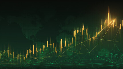 finance Abstract black background  uptrend arrow with candlesticks and bar chart show innovation of economy business statistics with Earth network with glowing nodes and triangle polygon linesIt 