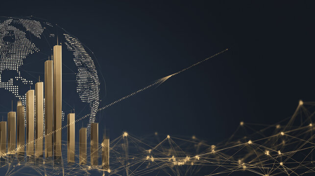 finance Abstract black background  uptrend arrow with candlesticks and bar chart show innovation of economy business statistics with Earth network with glowing nodes and triangle polygon linesIt 
