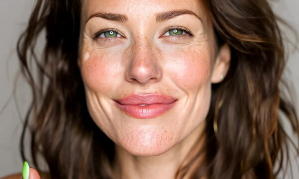 Close-up of a woman with freckled skin and green eyes. Her hands frame her face with bright green nail polish. She smiles