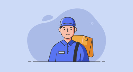 a delivery person wearing a blue uniform and cap, smiling and carrying a package. Suitable for landing page, banner, marketing, web design, presentation, infographic, etc.