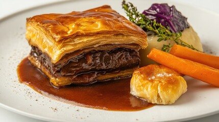Steak and ale pie with puff pastry crust, plated on white.