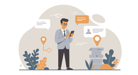 a man in a suit standing on a table with a phone