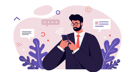 a man in a suit engrossed in his phone, surrounded by stylized plants and speech bubbles. Suitable for landing page, banner, marketing, web design, presentation, infographic, etc.